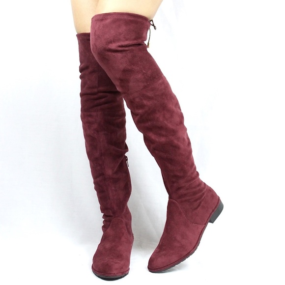flat red thigh high boots